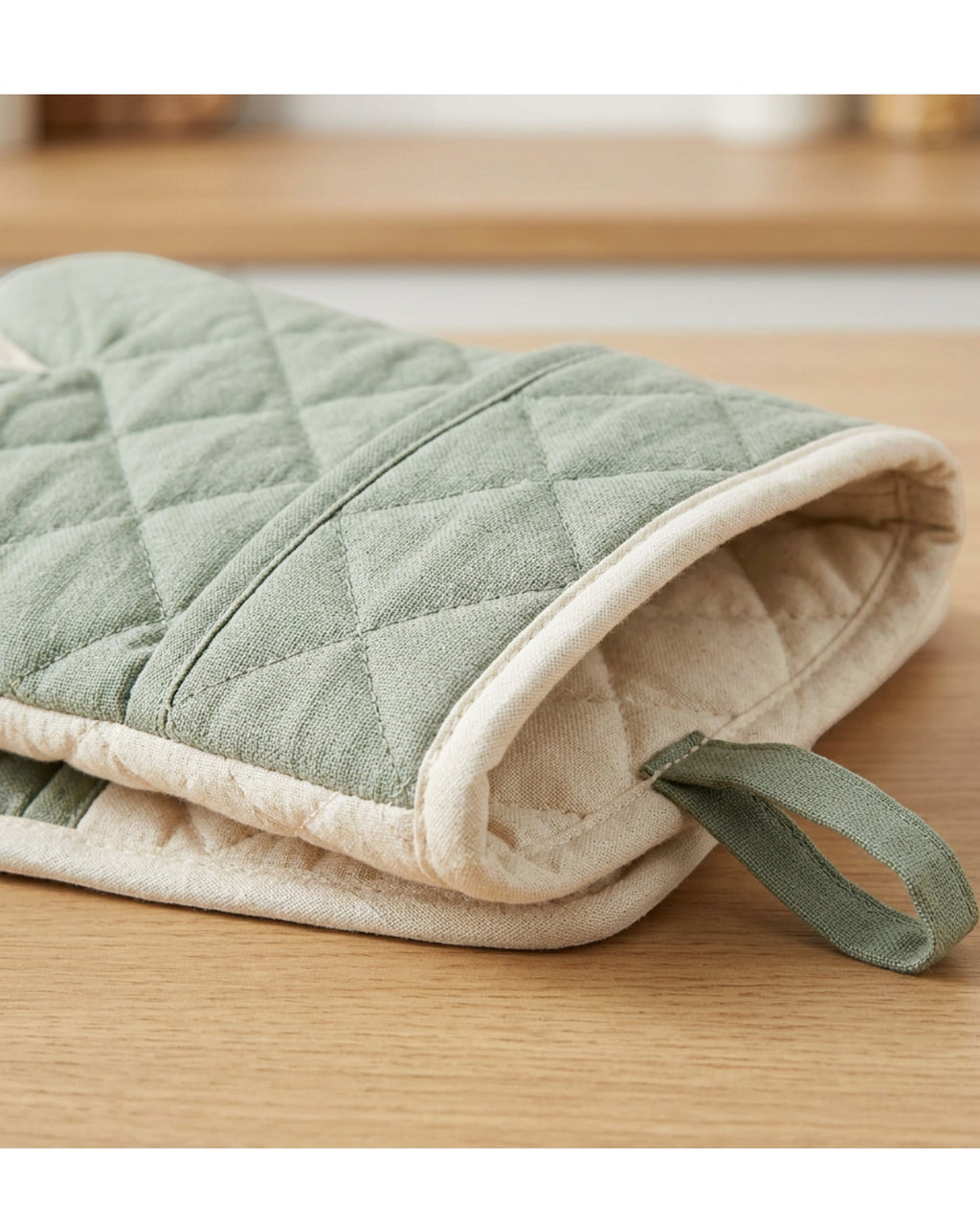 Yapko Long Quilted Cotton Oven Mitt Pair Sage Cream 13 Inch - Detail view