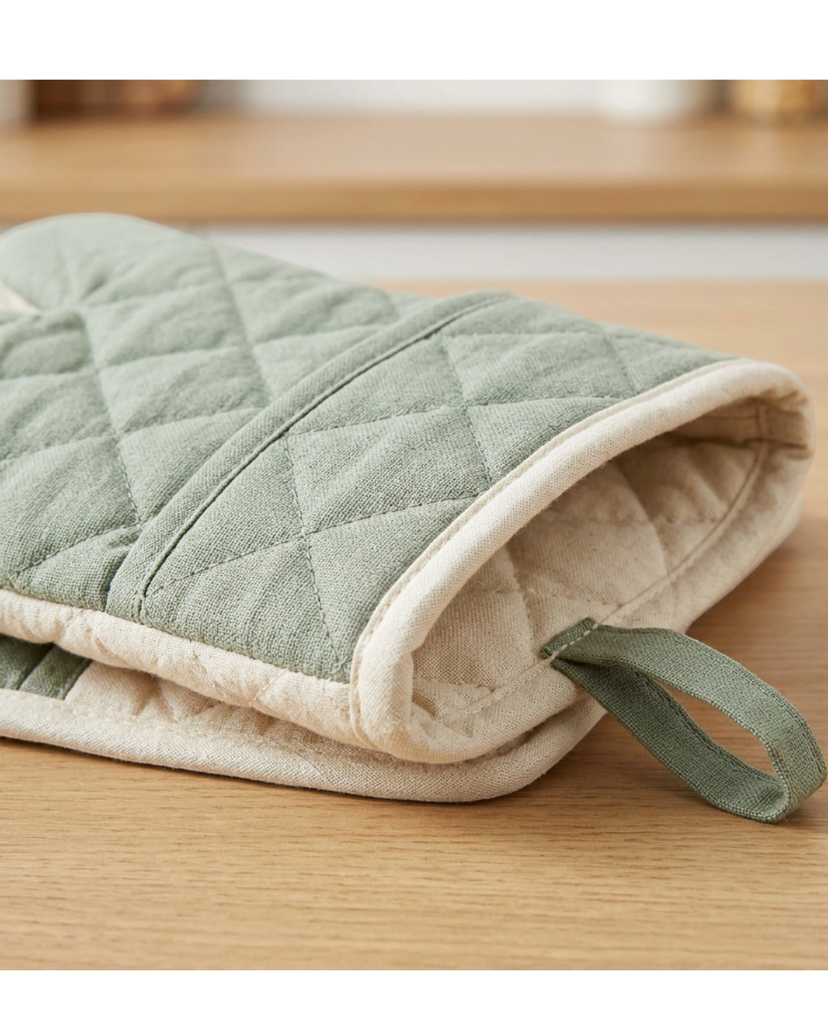Yapko Long Quilted Cotton Oven Mitt Pair Sage Cream 13 Inch - Detail view