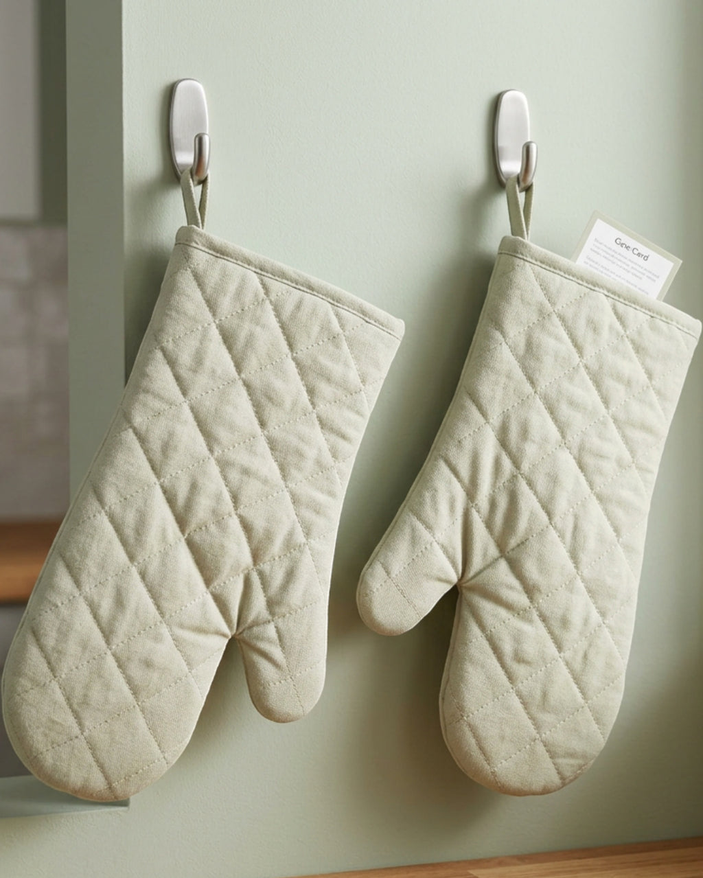 Yapko Long Quilted Cotton Oven Mitt Pair Sage Cream 13 Inch - Lifestyle view