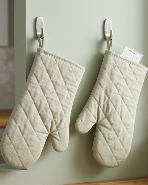 Yapko Long Quilted Cotton Oven Mitt Pair Sage Cream 13 Inch - Lifestyle view