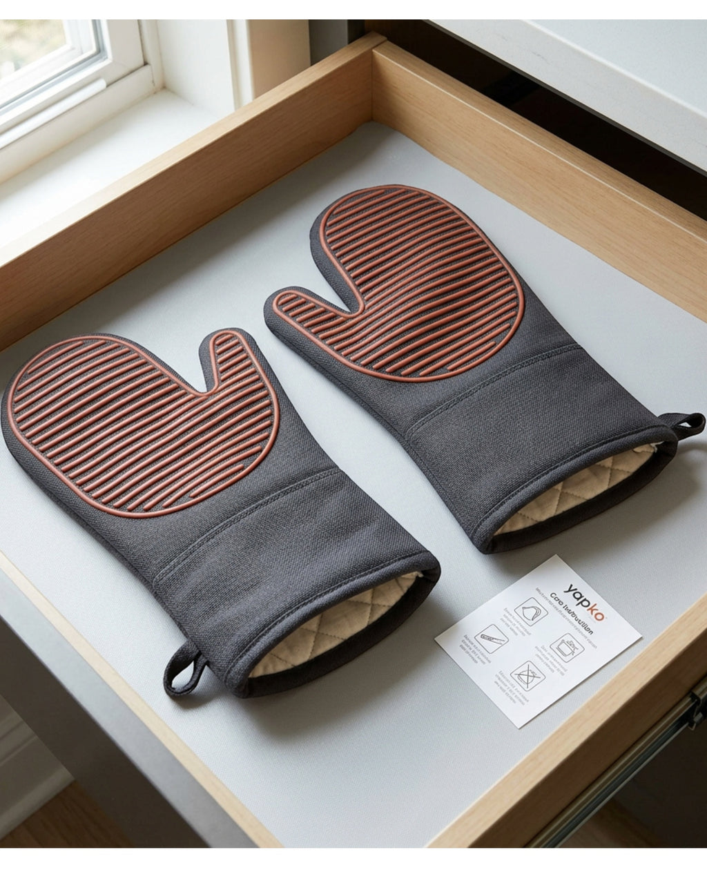 Yapko Ridged Silicone-Surface Oven Mitt Pair Charcoal Terracotta 14 Inch - Lifestyle view